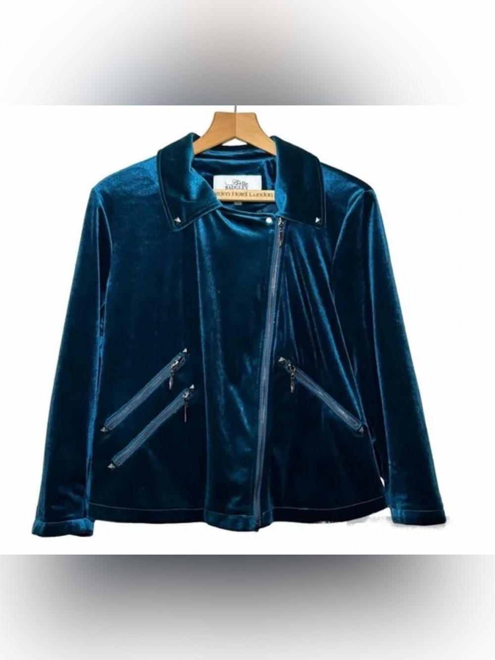 NWT Belle Badgley Mischka Dark Deep Teal Velvet Velour Studded Moto Jacket sz M